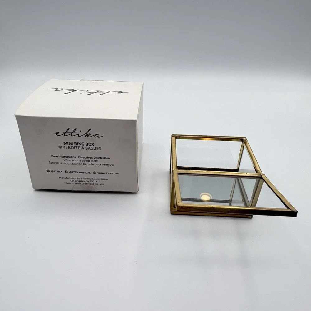Ettika Mini Ring Box Glass & Brass 3″ × 2.5″ × 2″ Display Trinket Box
